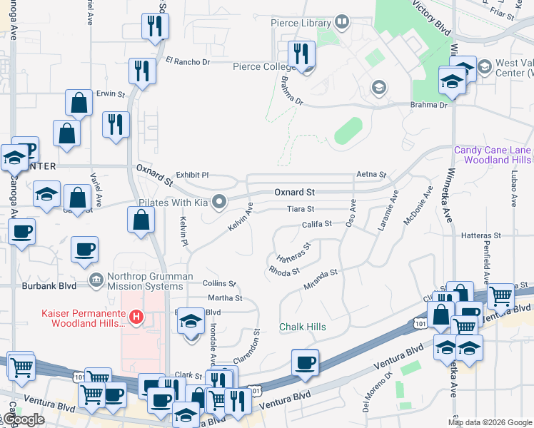 map of restaurants, bars, coffee shops, grocery stores, and more near 20610 Tiara Street in Los Angeles