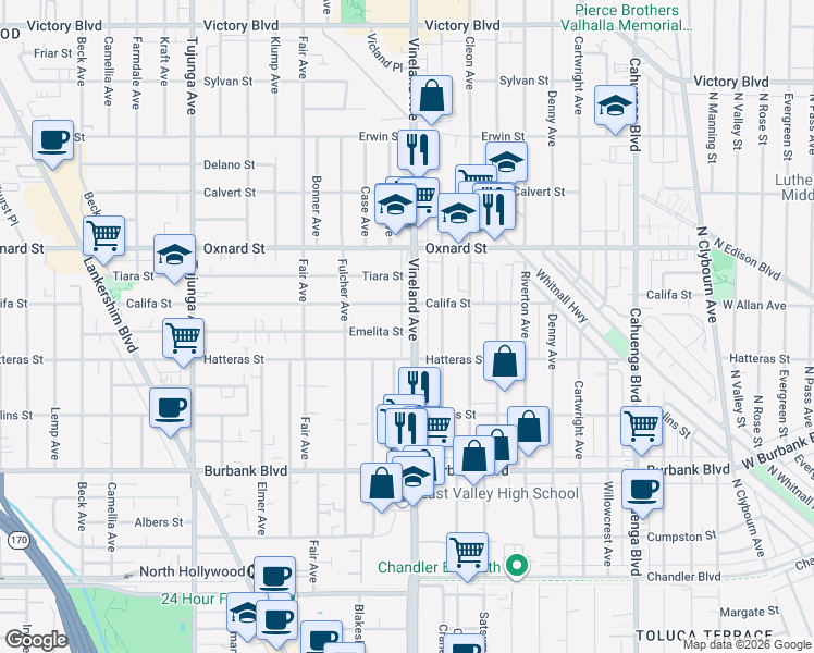 map of restaurants, bars, coffee shops, grocery stores, and more near 5837 Vineland Avenue in Los Angeles