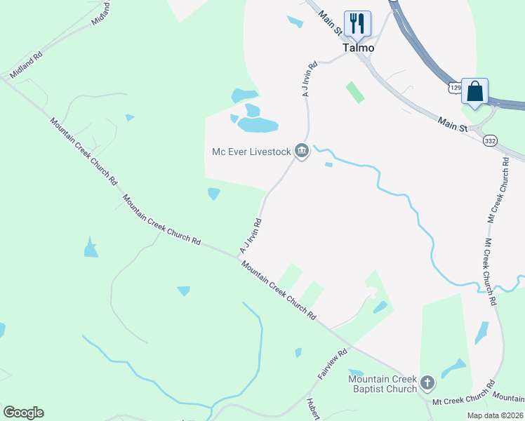 map of restaurants, bars, coffee shops, grocery stores, and more near 830 A J Irvin Road in Pendergrass
