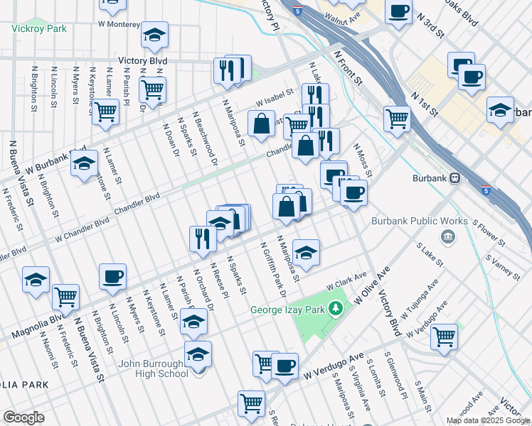 map of restaurants, bars, coffee shops, grocery stores, and more near 525 North Mariposa Street in Burbank