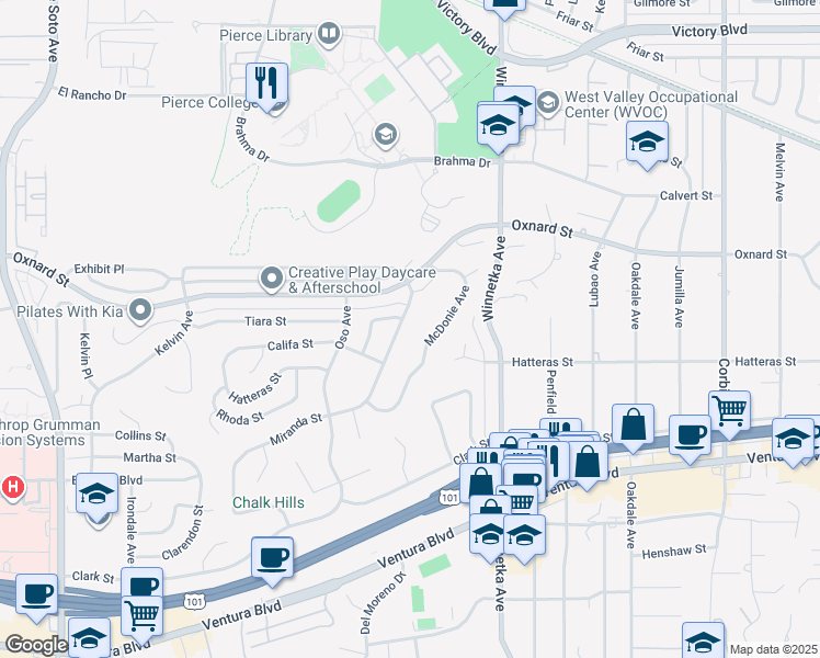 map of restaurants, bars, coffee shops, grocery stores, and more near 5855 Laramie Avenue in Los Angeles