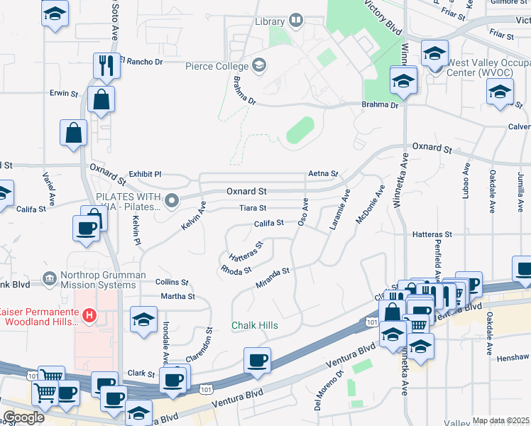 map of restaurants, bars, coffee shops, grocery stores, and more near 20456 Tiara Street in Los Angeles