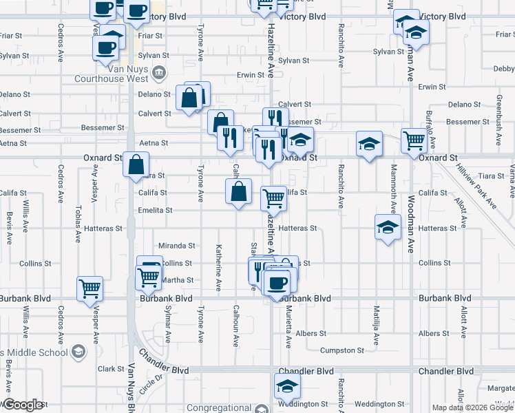 map of restaurants, bars, coffee shops, grocery stores, and more near 14142 Califa Street in Los Angeles