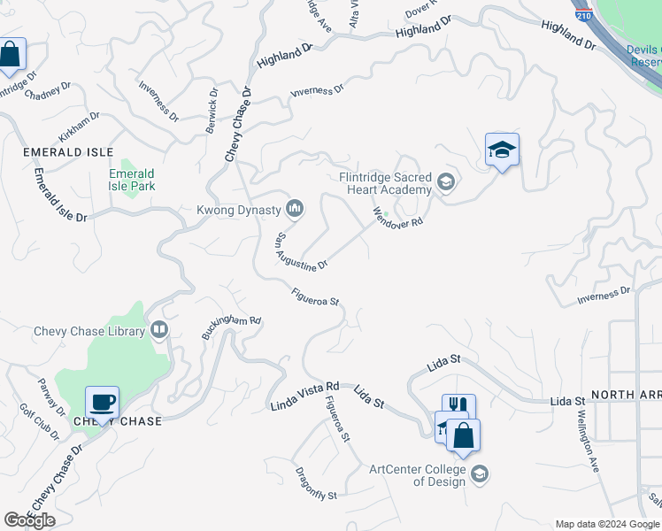 map of restaurants, bars, coffee shops, grocery stores, and more near 3894 San Augustine Drive in Glendale