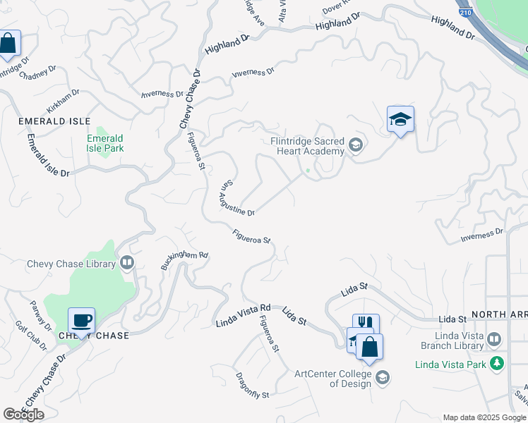 map of restaurants, bars, coffee shops, grocery stores, and more near 3894 San Augustine Drive in Glendale