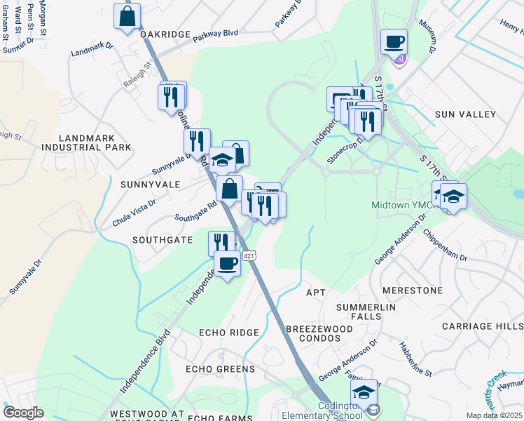 map of restaurants, bars, coffee shops, grocery stores, and more near 3905 Independence Boulevard in Wilmington