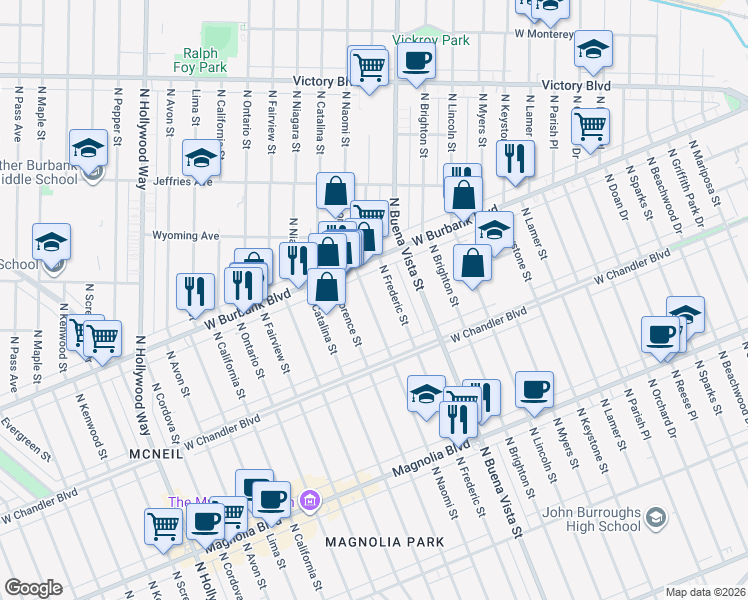 map of restaurants, bars, coffee shops, grocery stores, and more near 1132 North Naomi Street in Burbank