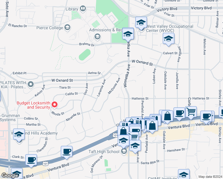 map of restaurants, bars, coffee shops, grocery stores, and more near 5835 McDonie Avenue in Los Angeles