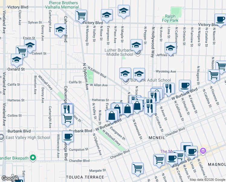map of restaurants, bars, coffee shops, grocery stores, and more near 1610 North Edison Boulevard in Burbank