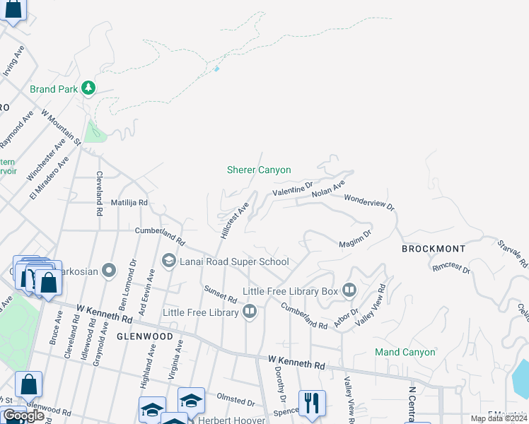 map of restaurants, bars, coffee shops, grocery stores, and more near 515 Nolan Avenue in Glendale