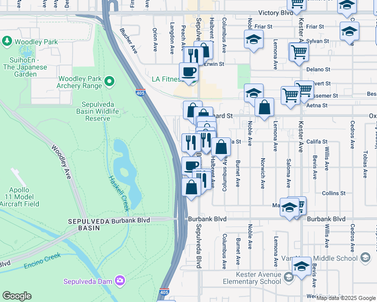 map of restaurants, bars, coffee shops, grocery stores, and more near 5845 Sepulveda Blvd in Los Angeles
