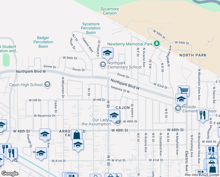 map of restaurants, bars, coffee shops, grocery stores, and more near 784 Sequoia Street West in San Bernardino