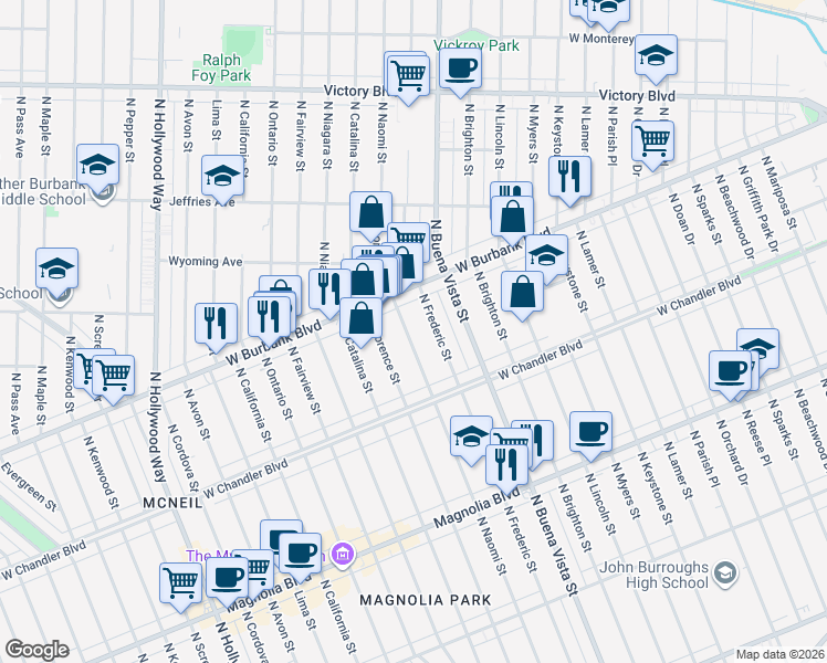 map of restaurants, bars, coffee shops, grocery stores, and more near 1132 North Naomi Street in Burbank