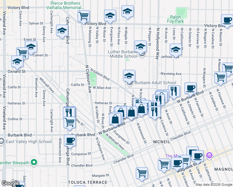 map of restaurants, bars, coffee shops, grocery stores, and more near 1610 North Edison Boulevard in Burbank