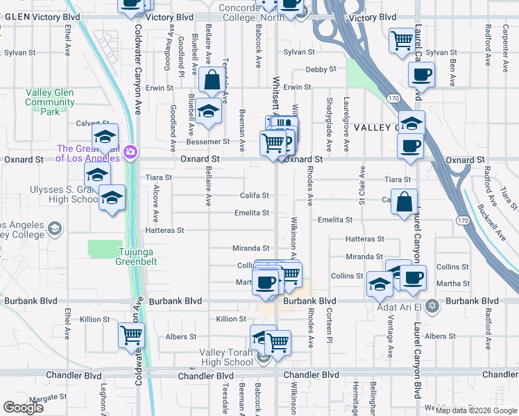map of restaurants, bars, coffee shops, grocery stores, and more near 12544 Califa Street in Los Angeles