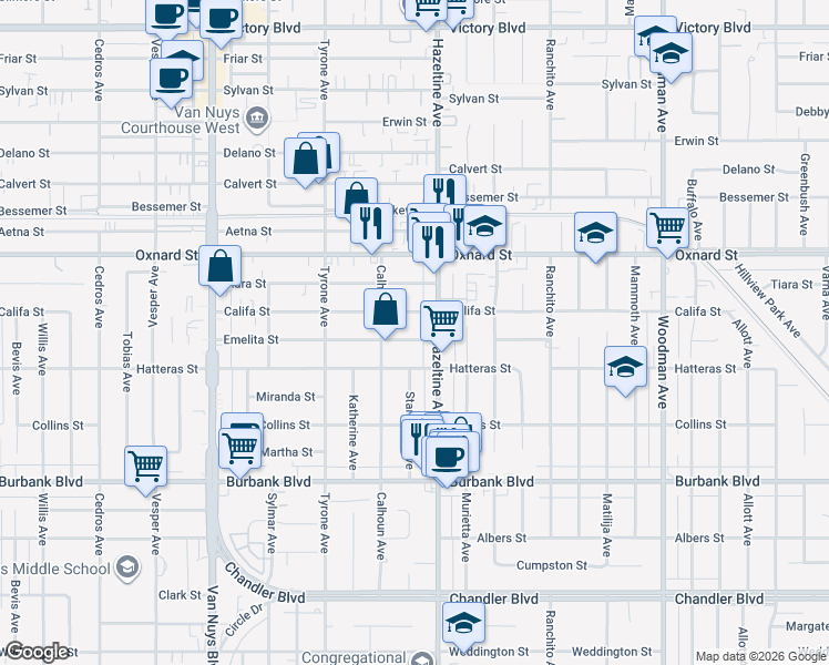 map of restaurants, bars, coffee shops, grocery stores, and more near 14142 Califa Street in Los Angeles