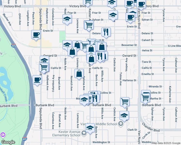 map of restaurants, bars, coffee shops, grocery stores, and more near 5915 Kester Avenue in Los Angeles