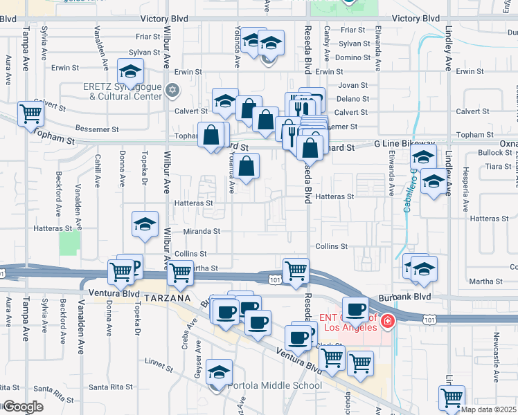 map of restaurants, bars, coffee shops, grocery stores, and more near 18601 Hatteras Street in Los Angeles