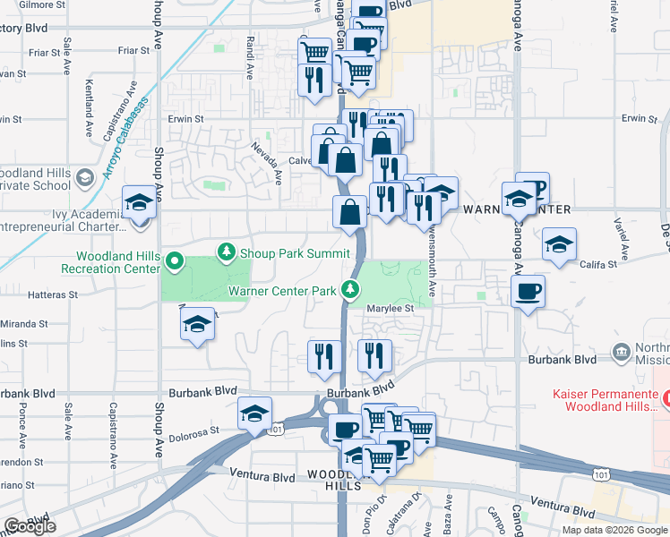 map of restaurants, bars, coffee shops, grocery stores, and more near 5862 Rolling Road in Los Angeles