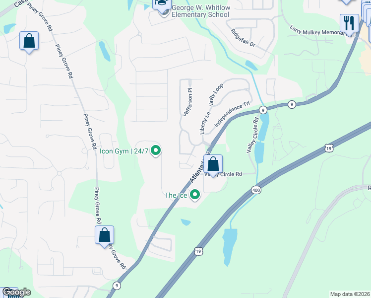 map of restaurants, bars, coffee shops, grocery stores, and more near 1045 Patriot Trail in Cumming