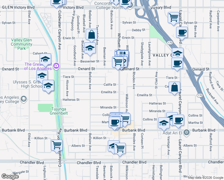 map of restaurants, bars, coffee shops, grocery stores, and more near 12544 Califa Street in Los Angeles