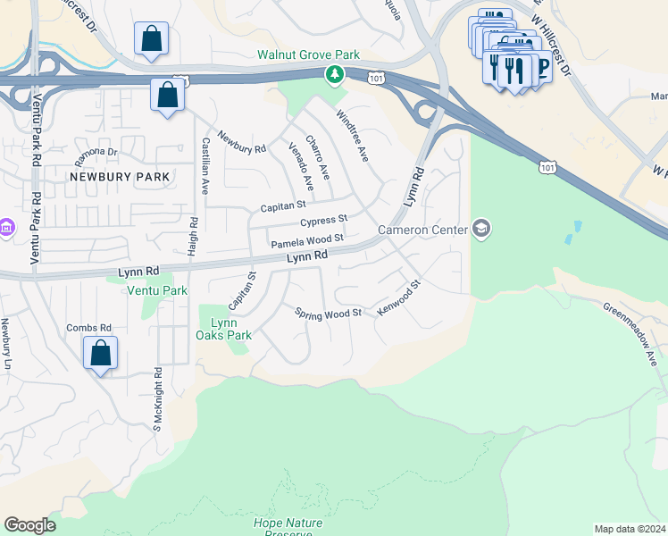 map of restaurants, bars, coffee shops, grocery stores, and more near Greenmeadow Drive in Thousand Oaks