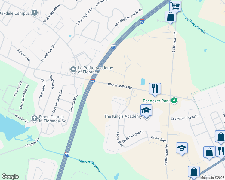 map of restaurants, bars, coffee shops, grocery stores, and more near 3459 1/2 Pine Needles Road in Florence