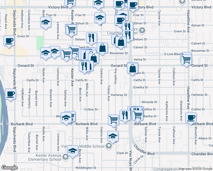 map of restaurants, bars, coffee shops, grocery stores, and more near 5839 Tobias Avenue in Los Angeles
