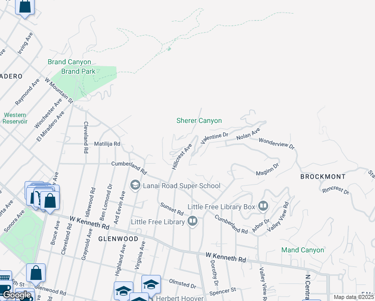 map of restaurants, bars, coffee shops, grocery stores, and more near 1774 Hillcrest Avenue in Glendale