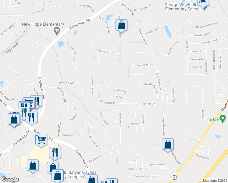 map of restaurants, bars, coffee shops, grocery stores, and more near 5785 Crestwick Way in Cumming
