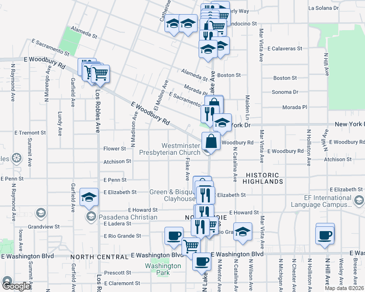 map of restaurants, bars, coffee shops, grocery stores, and more near 1801 Fiske Avenue in Pasadena