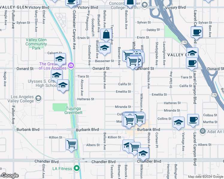 map of restaurants, bars, coffee shops, grocery stores, and more near 12637 Emelita Street in Los Angeles