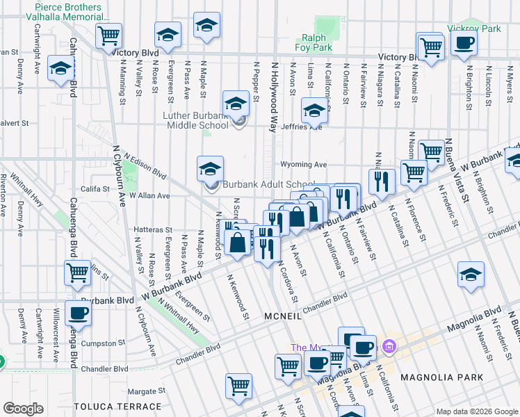 map of restaurants, bars, coffee shops, grocery stores, and more near 1516 North Pepper Street in Burbank