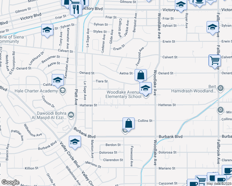 map of restaurants, bars, coffee shops, grocery stores, and more near 23428 Califa Street in Los Angeles