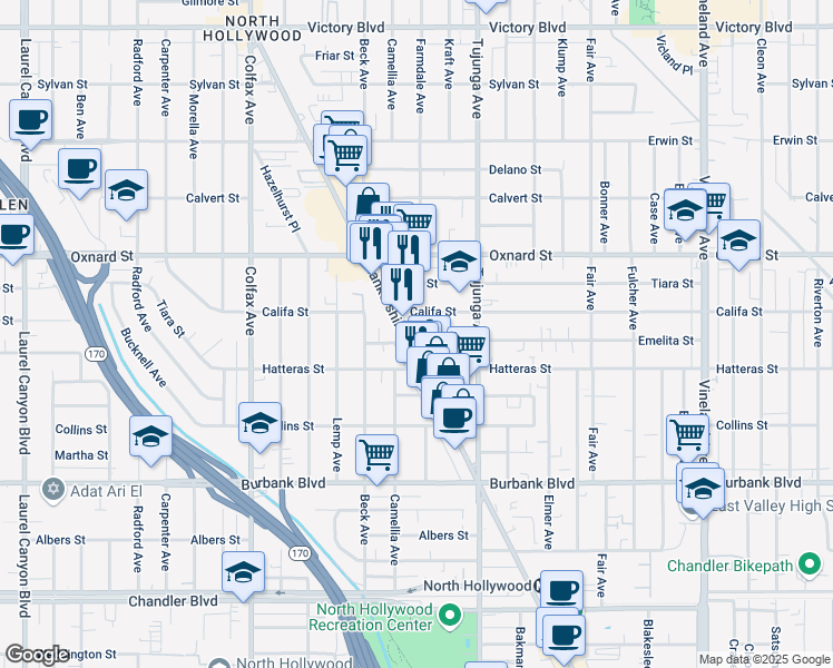 map of restaurants, bars, coffee shops, grocery stores, and more near 11469 Califa Street in Los Angeles