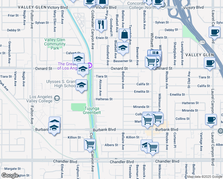 map of restaurants, bars, coffee shops, grocery stores, and more near 12758 Califa Street in Los Angeles