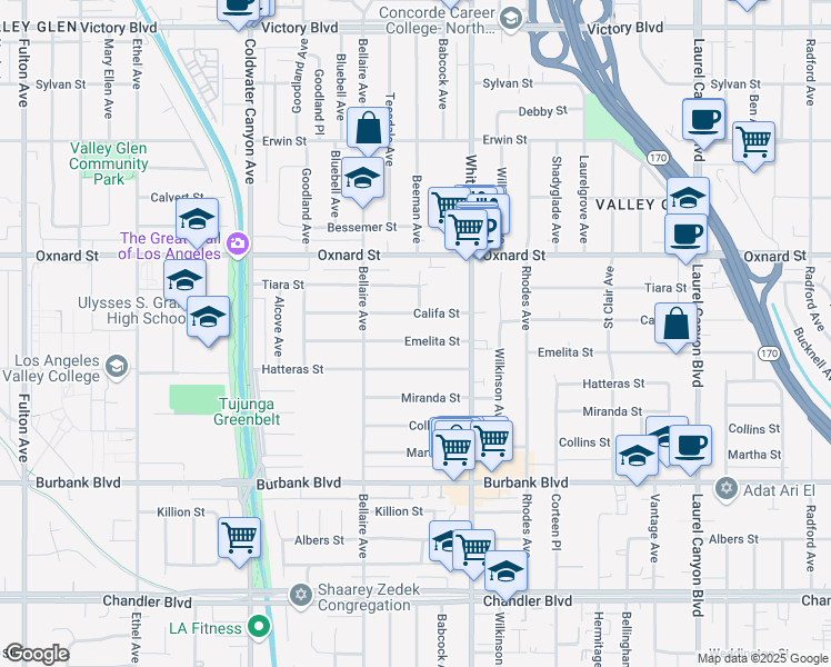 map of restaurants, bars, coffee shops, grocery stores, and more near 12607 Emelita Street in Los Angeles
