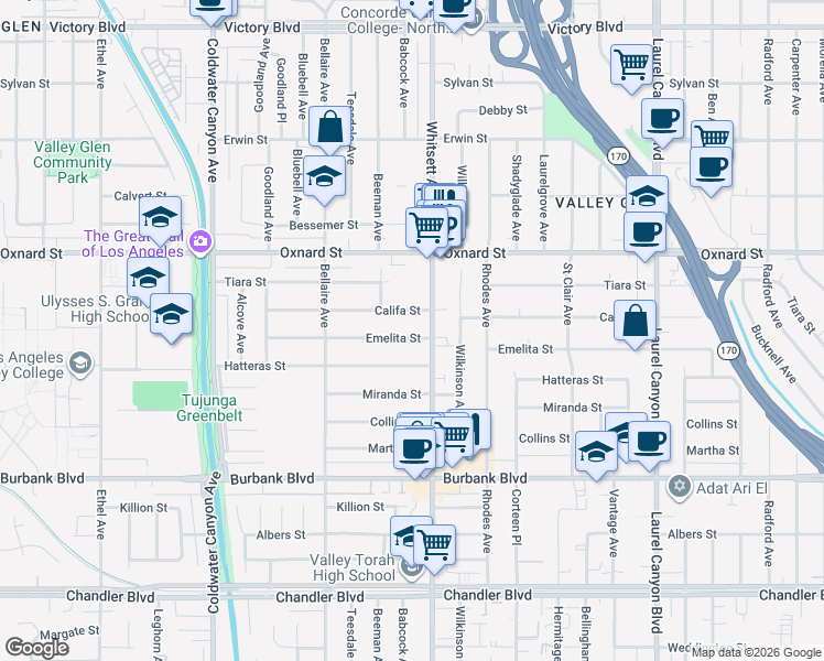 map of restaurants, bars, coffee shops, grocery stores, and more near 12502 Califa Street in Los Angeles