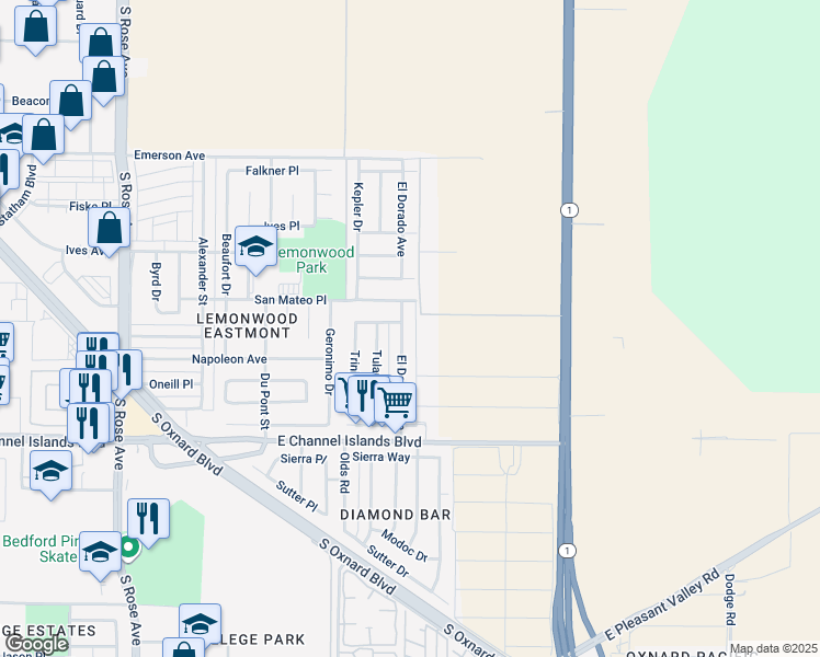 map of restaurants, bars, coffee shops, grocery stores, and more near 2340 El Dorado Avenue in Oxnard