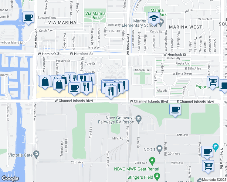 map of restaurants, bars, coffee shops, grocery stores, and more near 456 Harbor Lights Lane in Port Hueneme