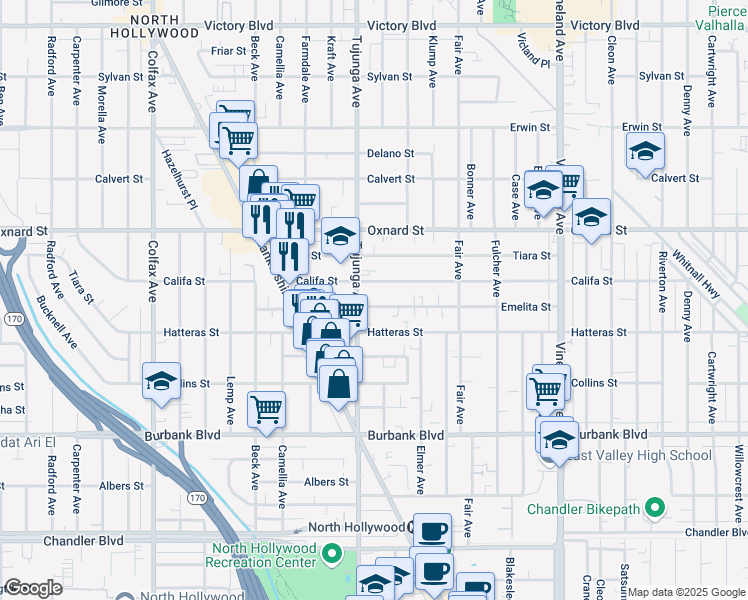 map of restaurants, bars, coffee shops, grocery stores, and more near 11347 Emelita Street in Los Angeles