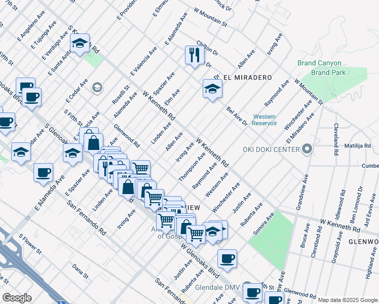map of restaurants, bars, coffee shops, grocery stores, and more near 1256 Irving Avenue in Glendale