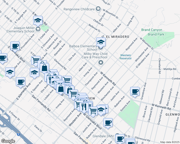 map of restaurants, bars, coffee shops, grocery stores, and more near 1256 Irving Avenue in Glendale