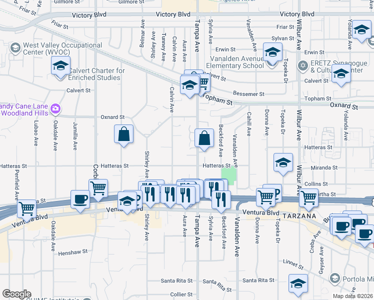 map of restaurants, bars, coffee shops, grocery stores, and more near 19314 West Yolie Lane in Los Angeles