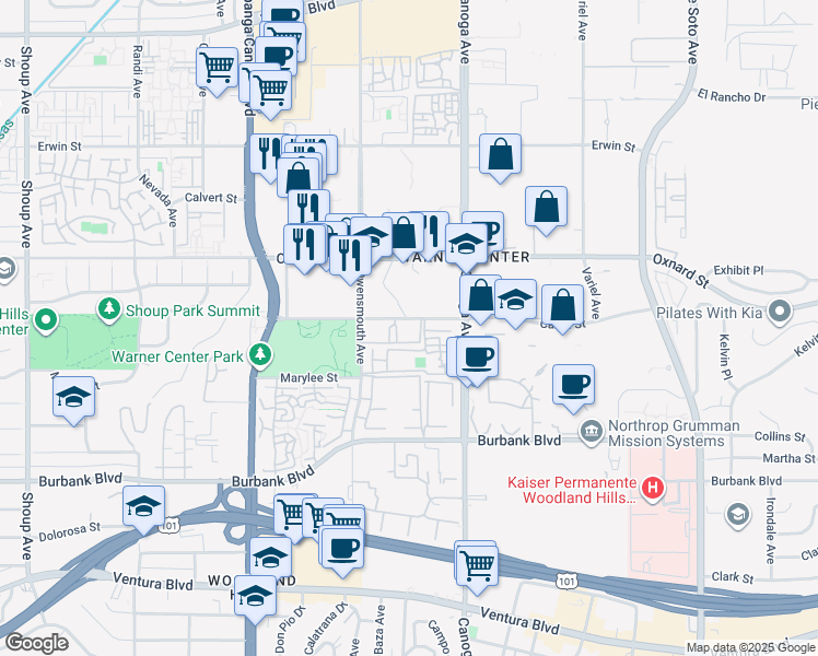 map of restaurants, bars, coffee shops, grocery stores, and more near 21530 Califa Street in Woodland Hills