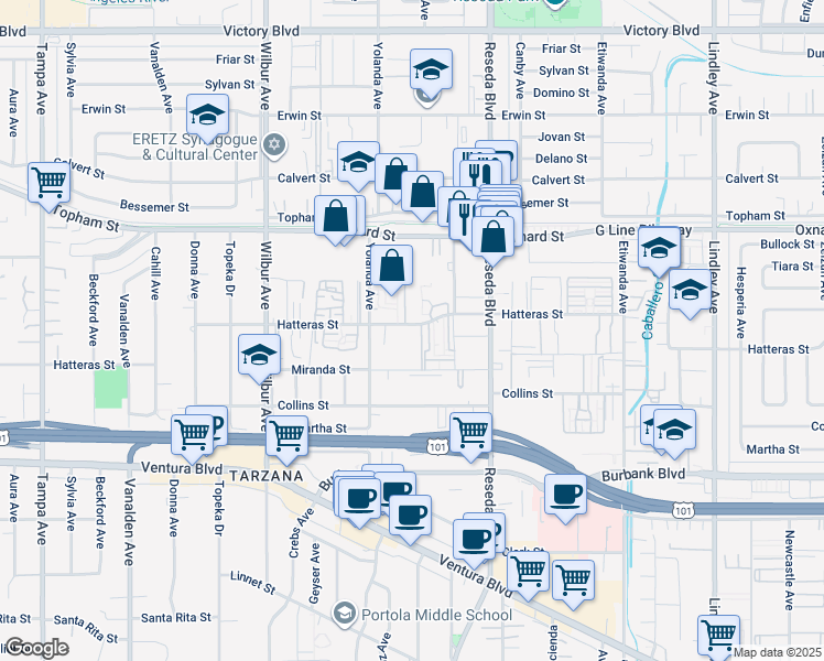 map of restaurants, bars, coffee shops, grocery stores, and more near 18620 Hatteras Street in Los Angeles