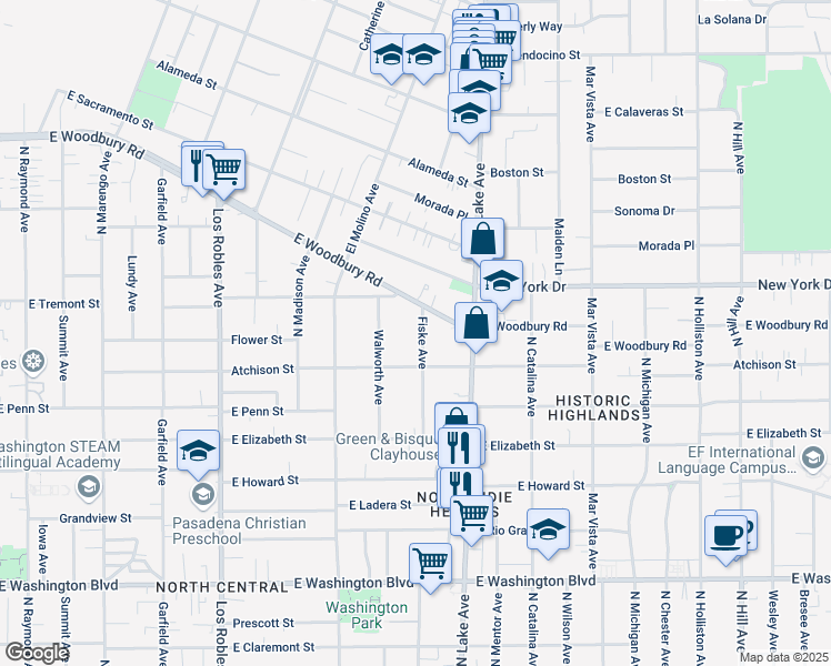 map of restaurants, bars, coffee shops, grocery stores, and more near 1801 Fiske Avenue in Pasadena