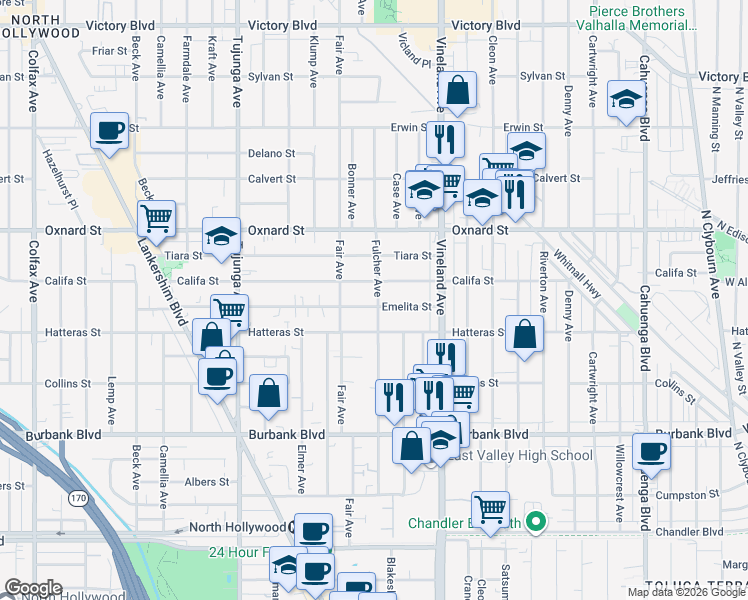 map of restaurants, bars, coffee shops, grocery stores, and more near 11105 Emelita Street in Los Angeles