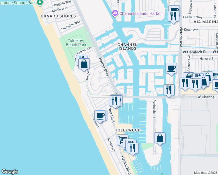 map of restaurants, bars, coffee shops, grocery stores, and more near 4421 Antigua Way in Oxnard
