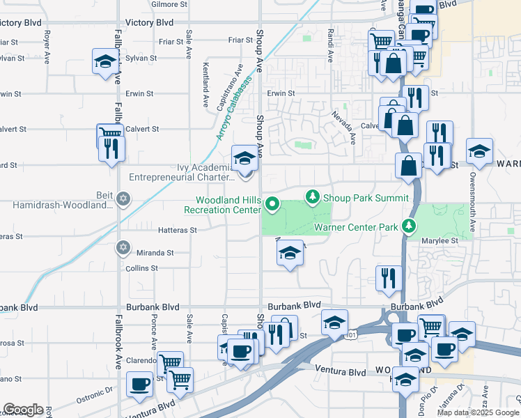 map of restaurants, bars, coffee shops, grocery stores, and more near Califa Street in Los Angeles